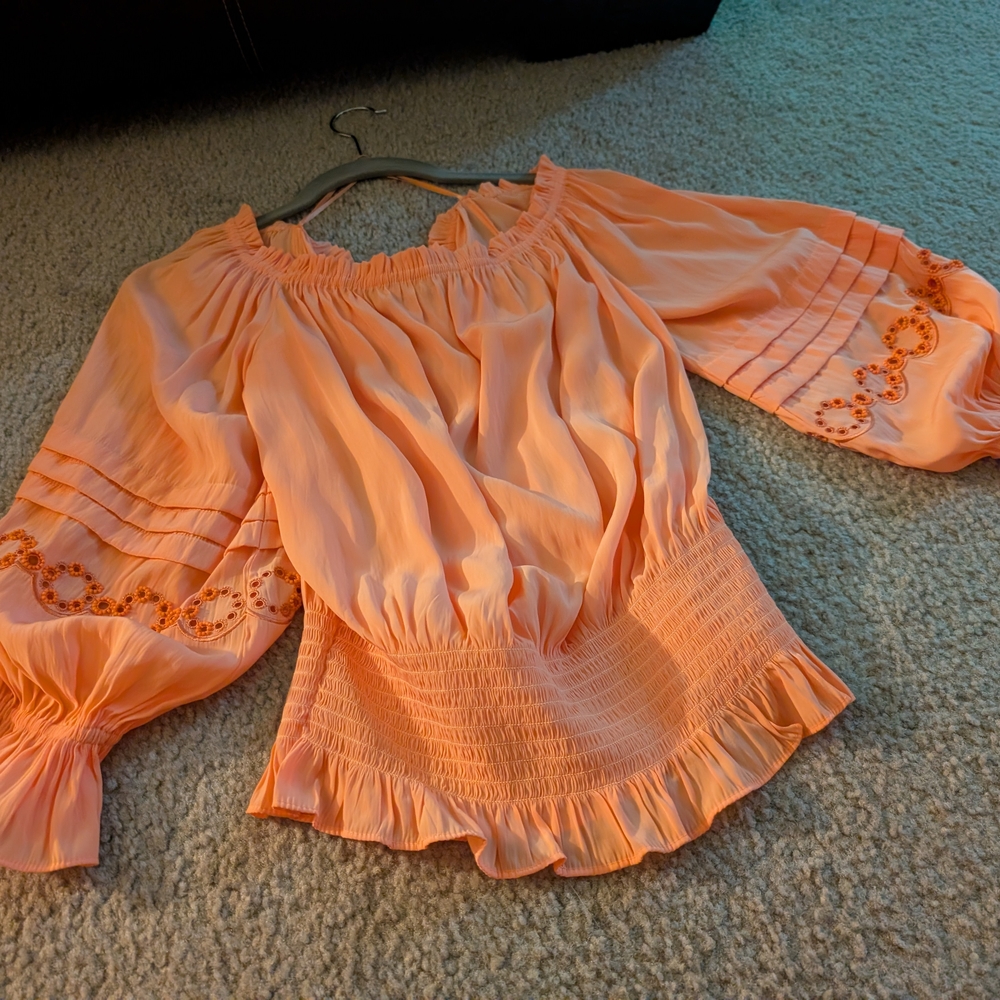 Ramy Brook Peach Bell Sleeve Clara Smocked Blouse